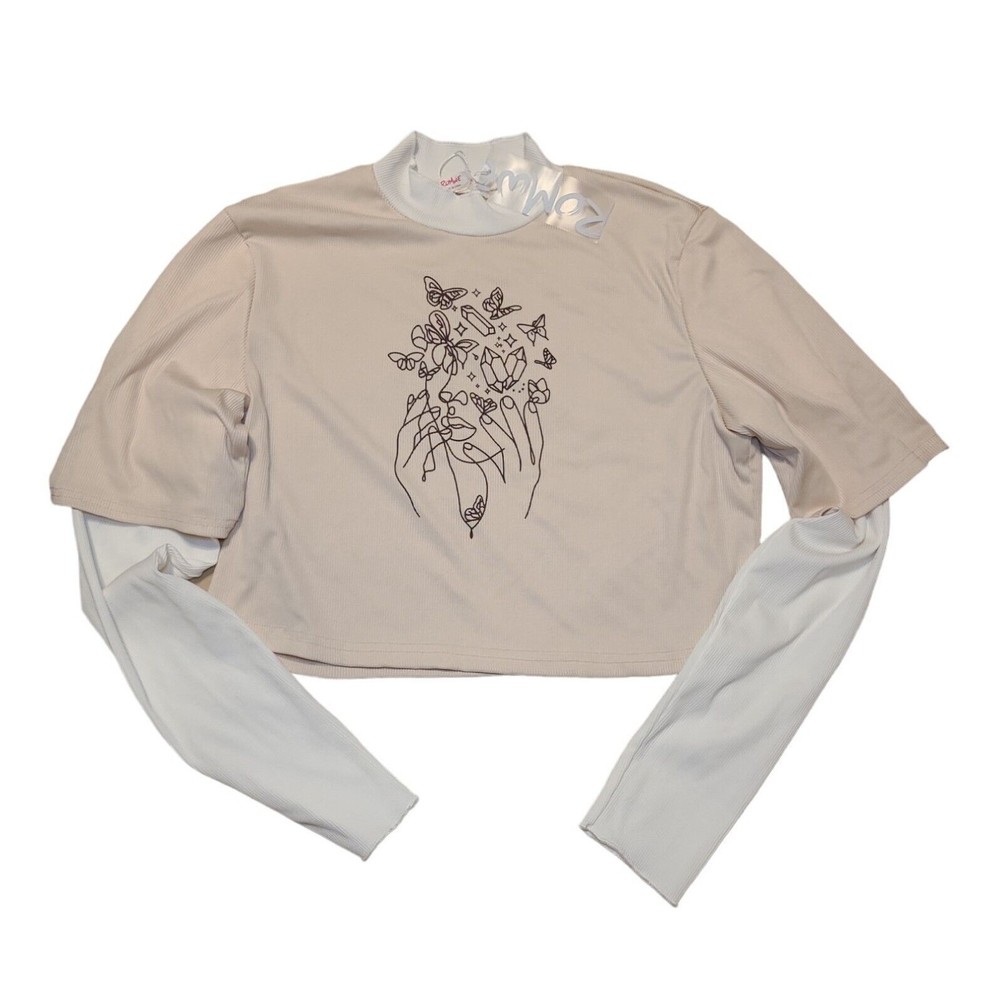 Romwe Womens Pink long sleeve cropped shirt Size Small